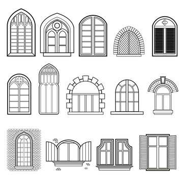 Set of black and white silhouettes of old windows