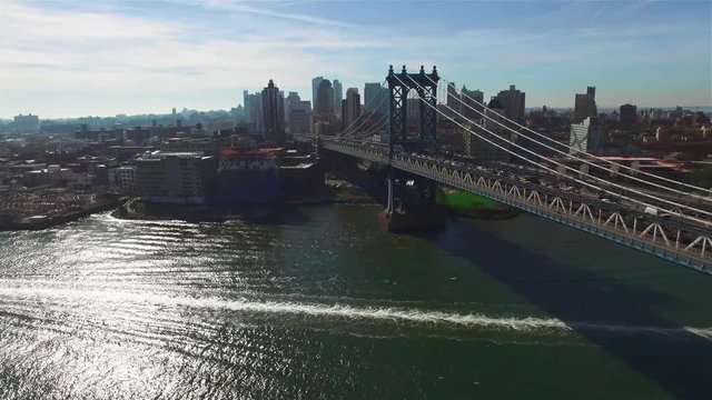 aerial Manhattan Bridge In New York City camera moving toward Brooklyn