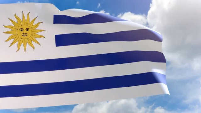3D rendering of Uruguay flag waving on blue sky background with Alpha channel, Uruguay is a South American country known for its verdant interior, celebrates Independence Day on August 25