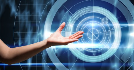 Hand open with swish technology background