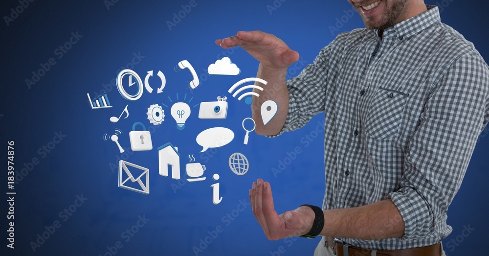 Poster mixed various app icons and businessman with hands palm open and