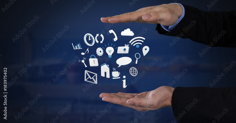 Aufkleber mixed various app icons and businessman with hands palm open and