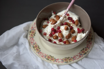 Nutritious food, cheese and yogurt with cranberries and almonds