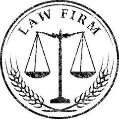 Justice scale icon with caption LAW FIRM in grunge rubber stamp style