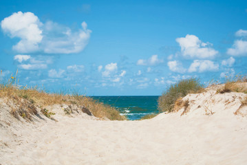 Sand dunes covered with dry grass and blue Baltic sea water at the background national park of Curonian Spit, Lithuania on summer cloudy day.