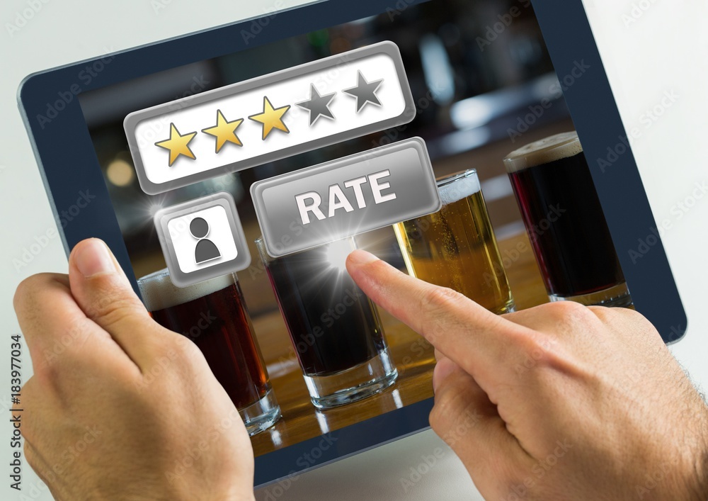 Poster hand touching tablet with rate button and review stars in bar