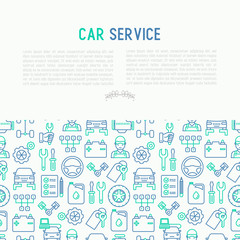Obraz premium Car service concept with thin line icons of mechanic, computer diagnostics, tools, wheel, battery, transmission, jack. Modern vector illustration for banner, web page, print media.