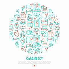 Cardiology concept in circle with thin line icons set: cardiologist, stethoscope, hospital, pulsometer, cardiogram, heartbeat. Modern vector illustration for banner, web page, print media.