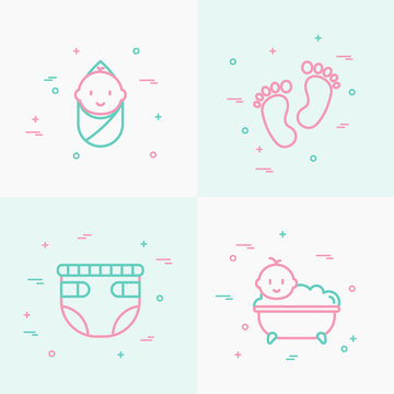 Baby care thin line icons set: newborn, diaper, footprints, bathtub with bubbles. Modern vector illustration.