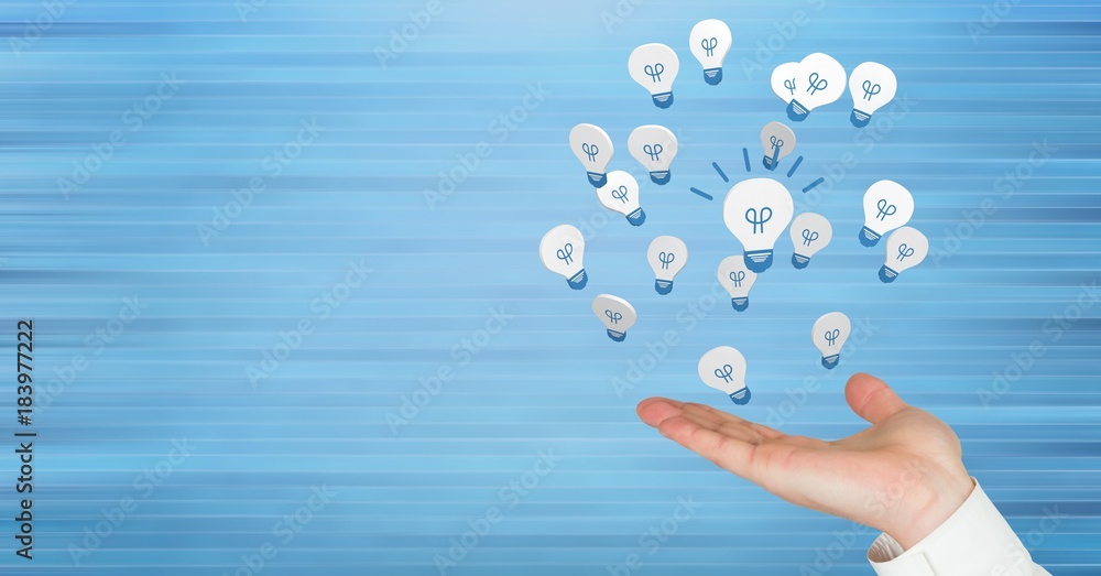Poster hand open with 3d light bulb idea icons