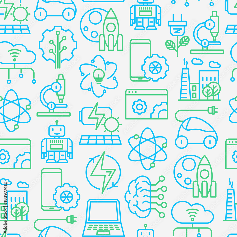 Poster technologies seamless pattern with thin line icons of: electric car, rocket, robotics, solar battery