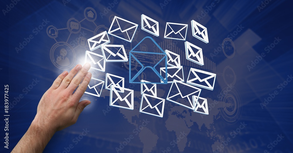 Poster hand open with 3d email message icons