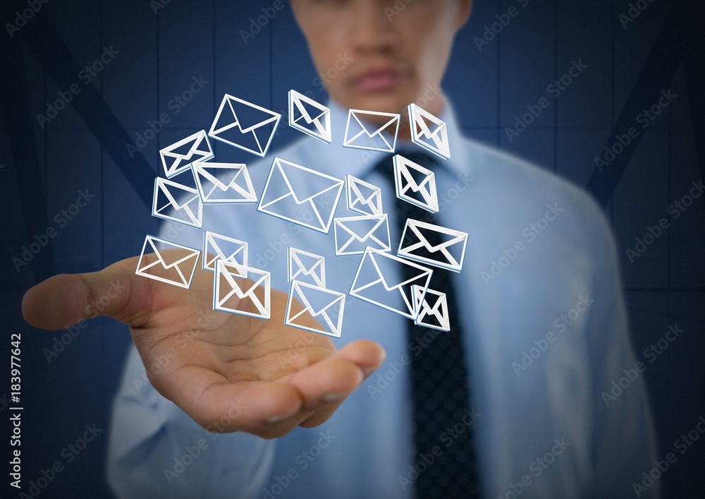 Poster email message app icons and businessman with hands palm open and