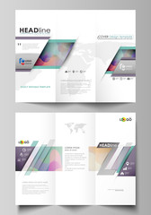 Tri-fold brochure business templates on both sides. Easy editable vector layout in flat style. Bright color pattern, colorful design with overlapping shapes forming abstract beautiful background.