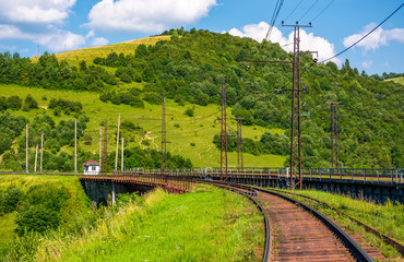 Naklejka premium railroad viaduct through forested hills in summer. lovely transportation scenery in Carpathian mountains, Skotars'ke, Ukraine