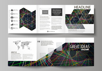 Set of business templates for tri fold square design brochures. Leaflet cover, abstract flat layout, easy editable vector. Bright color lines, colorful beautiful background. Perfect decoration.