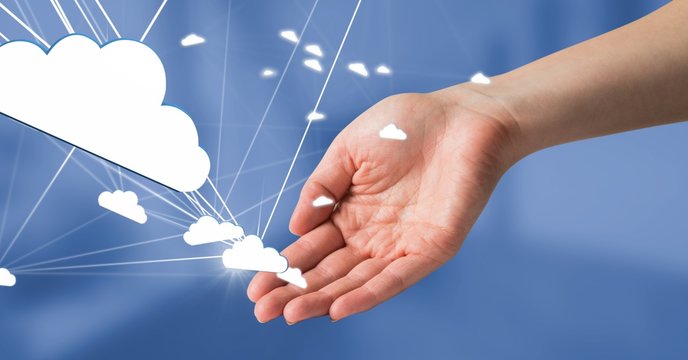 Hand open with 3D cloud connected icons