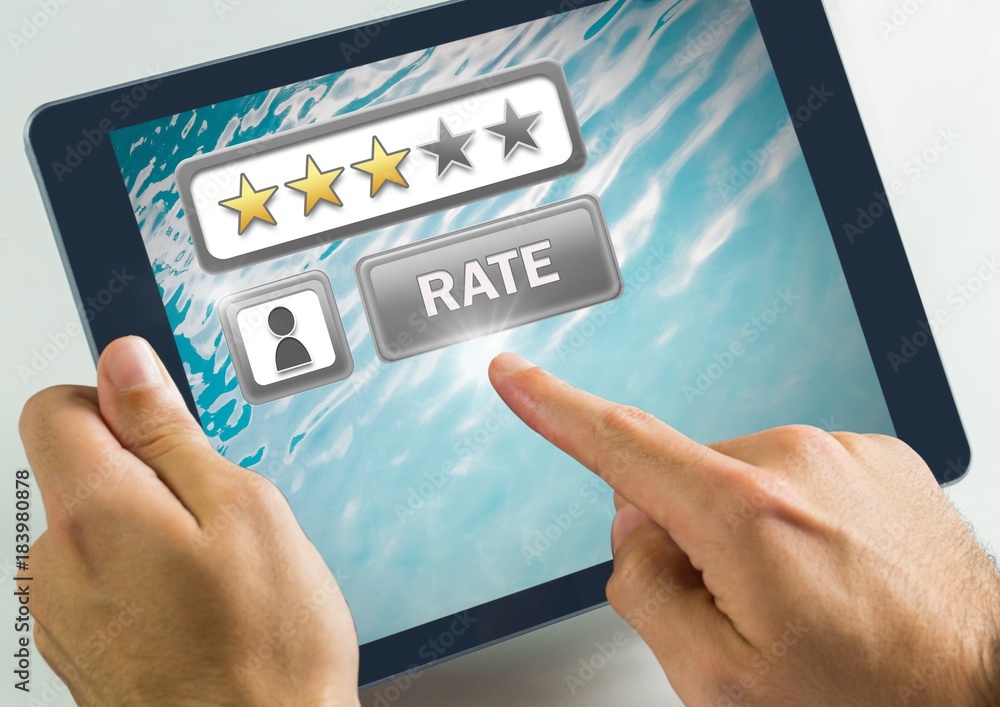 Poster hand touching tablet with rate button and review stars in