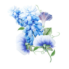 Fototapeta na wymiar Watercolor bouquet with flowers. Petunia. Pansies. Hyacinth. Watercolor illustration. Hand drawn.