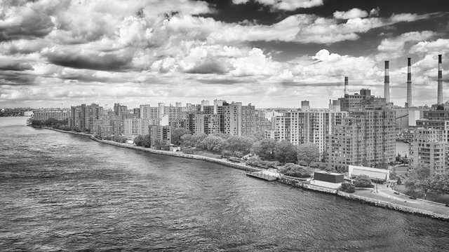 Black and white aerial picture of the Roosevelt Island, New York City, USA.