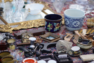 Group of vintage objects in a flea market