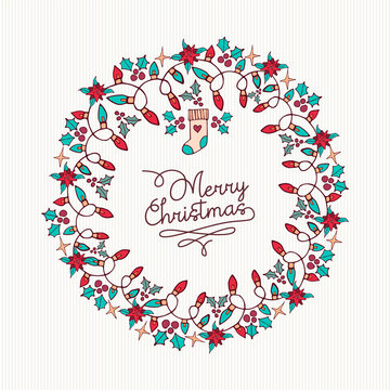 Merry Christmas hand drawn nature wreath card
