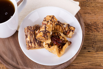 Overhead View of Baklava Sweet Pastries and Cup of Coffee