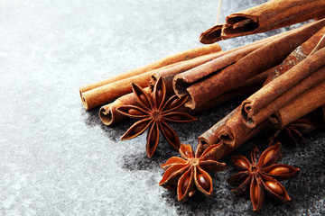 Mulled wine ingredients spices. Anise, cinnamon, cardamom on  table.
