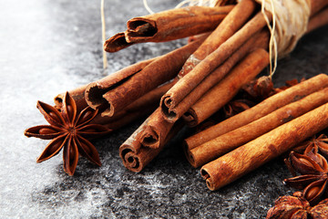 Mulled wine ingredients spices. Anise, cinnamon, cardamom on  table.