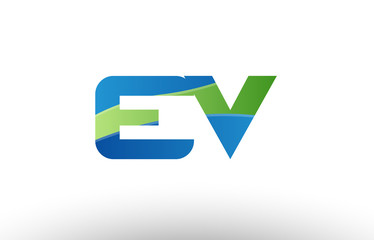 blue green ev e v alphabet letter logo combination icon design