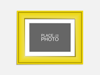 Vector realistic yellow photo frame  mock up isolated on white background. 3d horizontal empty wall picture frame mockup illustration for your design. Poster template for your photo or diploma