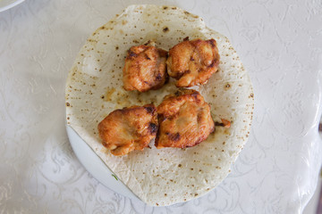 Chicken pox fry. Azerbaijan flat bread lavash. Tasty homemade deep fried chicken with spicy sauce.