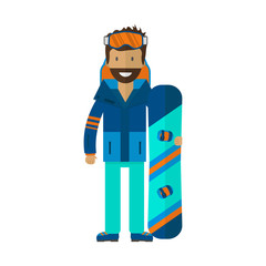 Winter sport background with character and skiing,  snowboarding set equipment