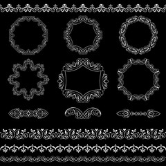 A set of white vintage decorative frames and borders on a black board. Vector illustration.