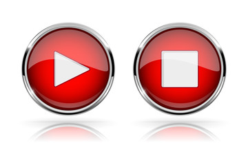 Red round media buttons. PLAY and STOP buttons. Shiny icon with chrome frame and with reflection