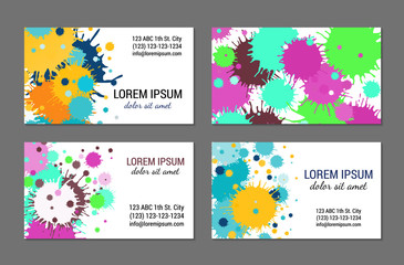 Artistic design visiting card set. Colourful template collection. Abstract bright backgrounds made of blots. EPS 10 vector. Isolated.