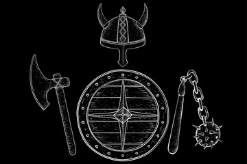 Viking warrior set - shield, axe, flail and helmet. Hand drawn sketch