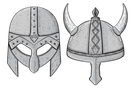 Viking helmets. Hand drawn sketch white background