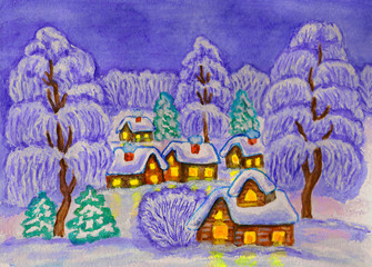 Fototapeta na wymiar Winter landscape, painting