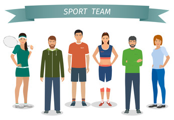 Group of people in sportswear standing under award ribbon. Men and women characters dressed to fitness.