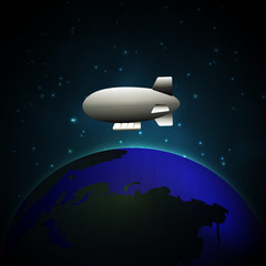 airship in space flying above the earth