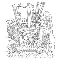 Countryside scene: how to dry dress and pants. Hand drawn picture. Sketch for antistress coloring page in zentangle style.