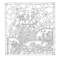 Cute little houses on a blooming hill. Hand drawn picture. Sketch for anti-stress coloring book in zentangle style.