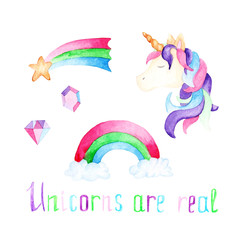 Watercolor unicorn set: ice cream and donut. For design, print or background © masanyanka
