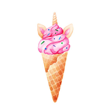 Watercolor unicorn ice cream. For design, print or background