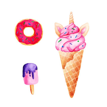 Watercolor unicorn set: ice cream and donut. For design, print or background