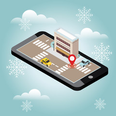Isometric city. Snow winter day. Waiting for a Christmas and New Year.Mobile geo tracking. Map. City building and traffic. Geo positioning. Navigator