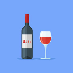 Bottle and glass of red wine isolated on blue background. Flat style vector illustration.