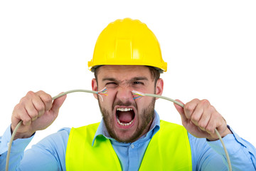 Portrait of crazy electrician over white background