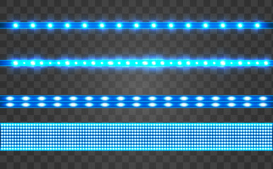 Set LED realistic blue ribbon on a transparent background.